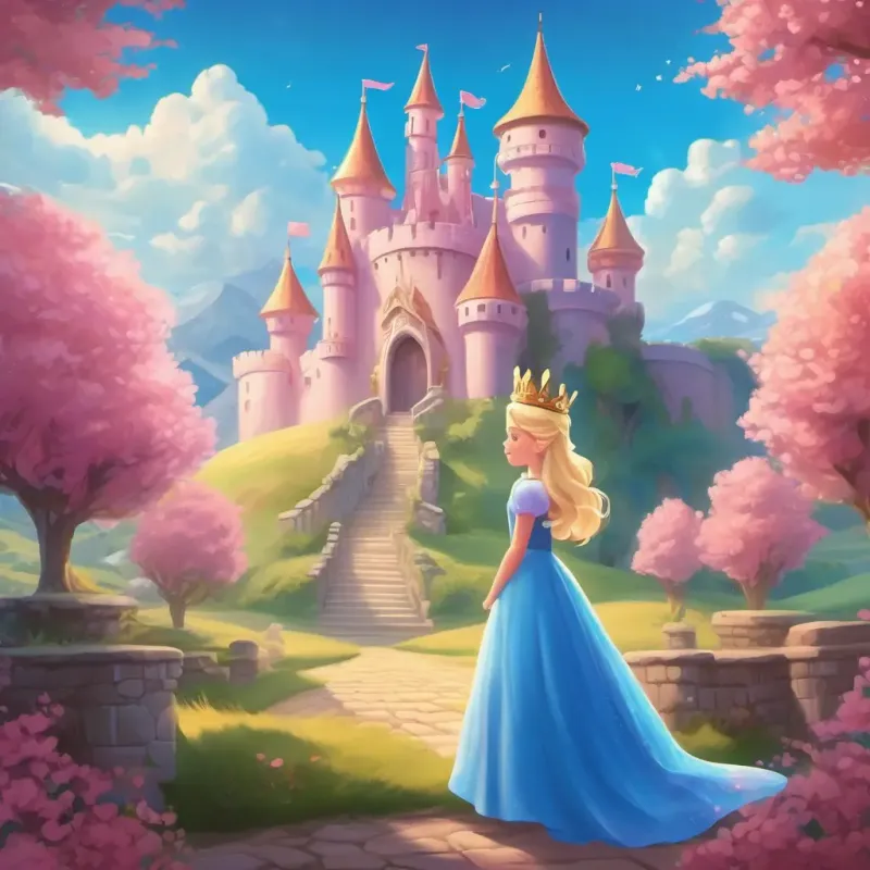 Introduction to the story, Dreamland, Blonde hair, blue eyes, pink dress, crown, and her magical castle.
