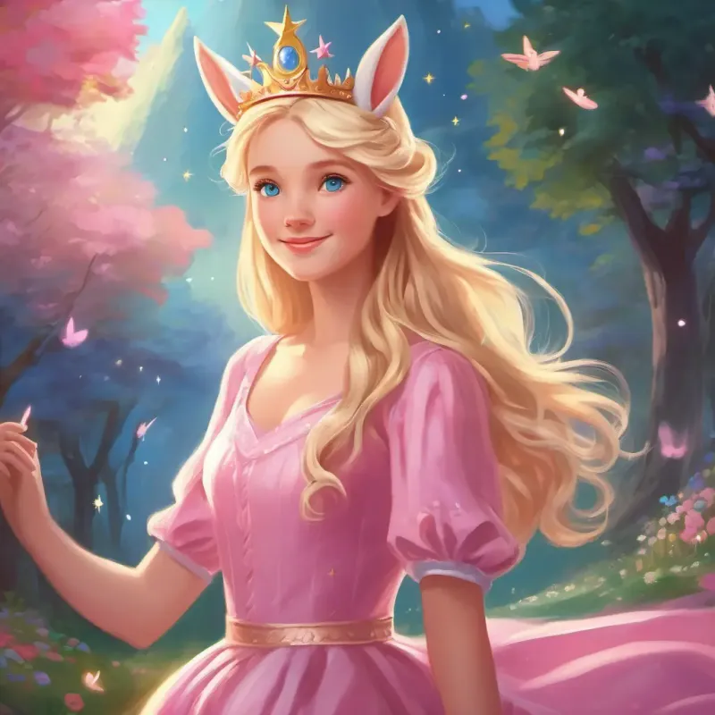 Blonde hair, blue eyes, pink dress, crown's fun activities with unicorns, bunnies, stars, and fairies.