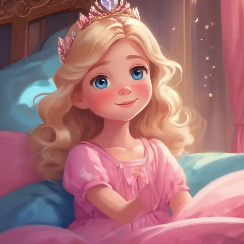 Blonde hair, blue eyes, pink dress, crown's bedtime routine and her magical bedtime attire.