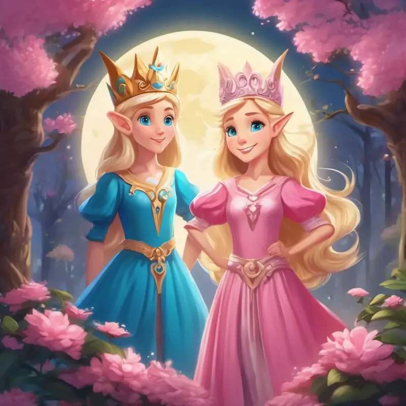 Introduction of the mischievous moonbeam elves and their prank on Blonde hair, blue eyes, pink dress, crown.