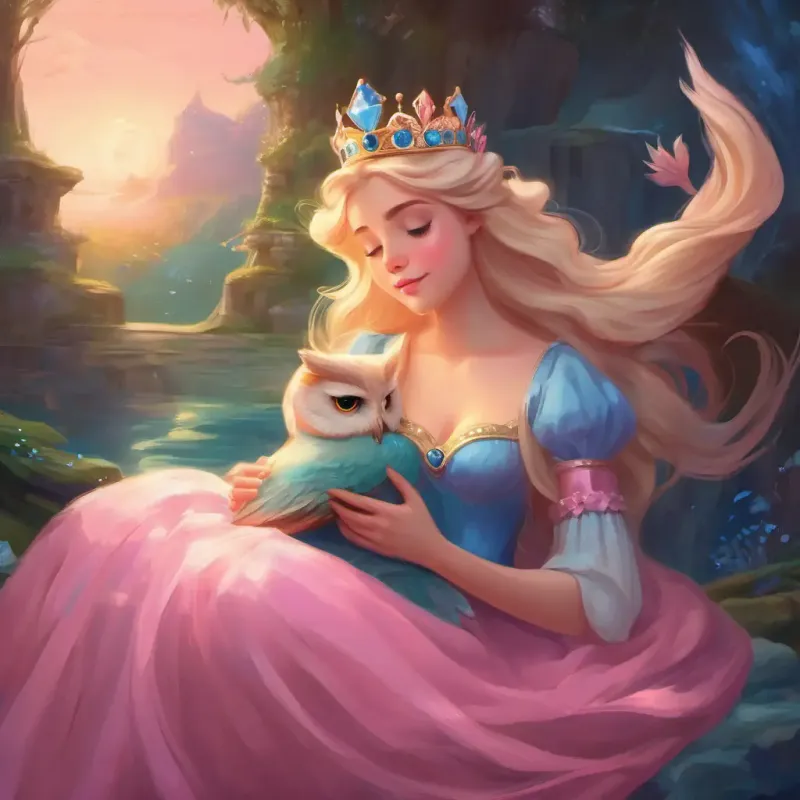 Blonde hair, blue eyes, pink dress, crown seeking help from the wise old owl and the kind-hearted mermaid to help her sleep.
