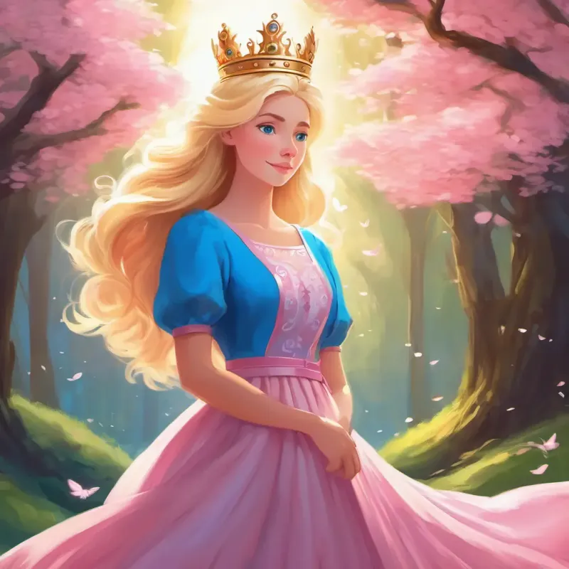 Blonde hair, blue eyes, pink dress, crown finally falling asleep and entering a beautiful dream.