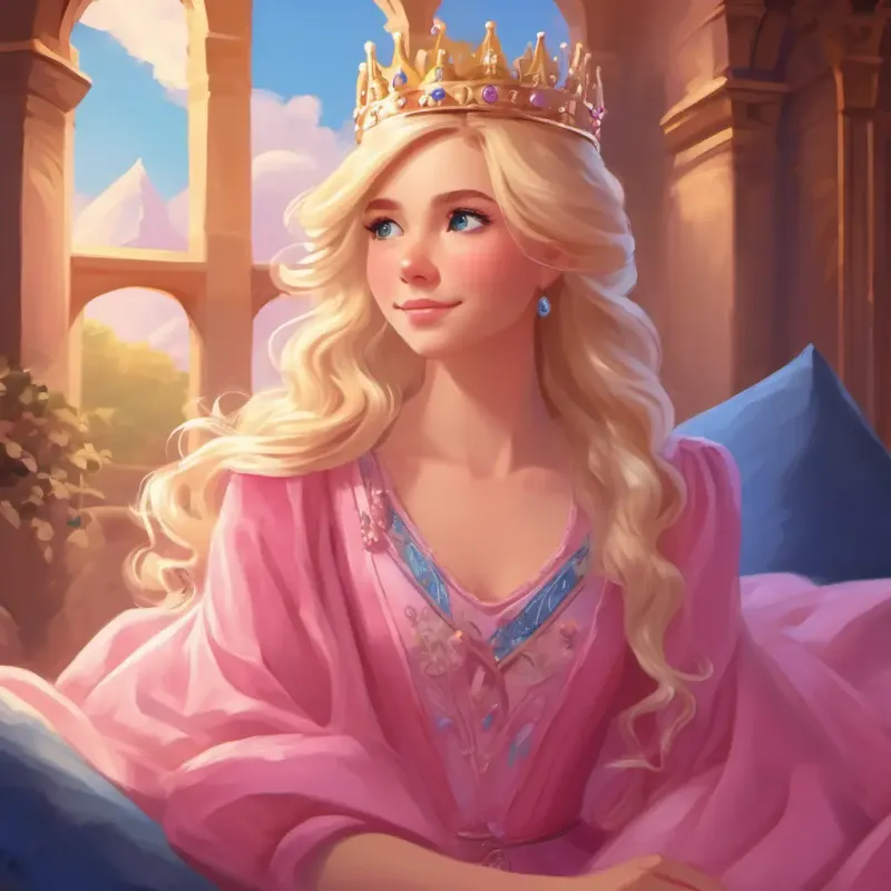 Blonde hair, blue eyes, pink dress, crown expressing gratitude to her friends and enjoying sweet dreams in her castle.