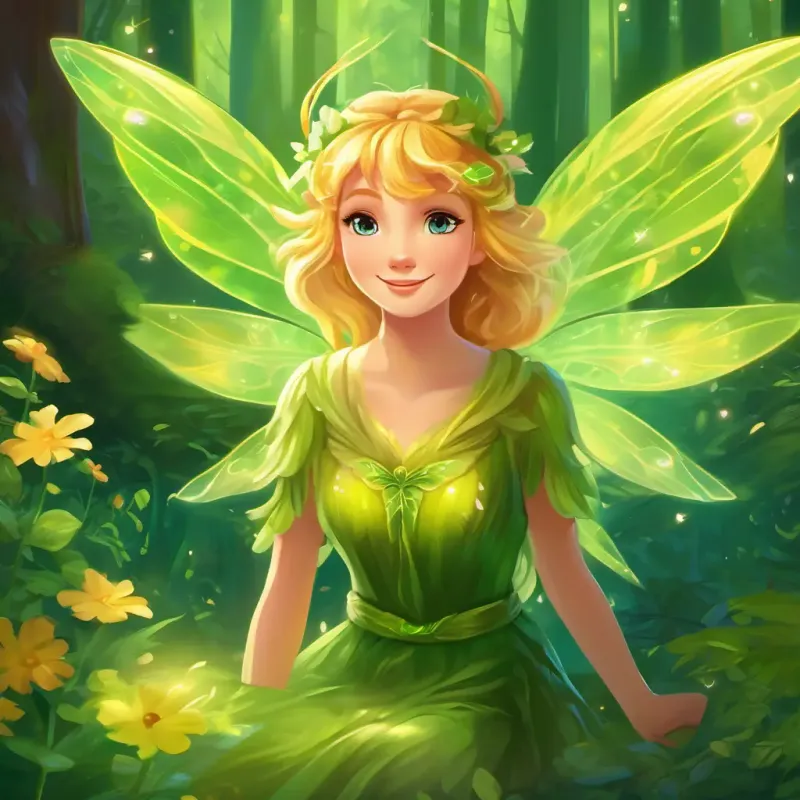Introduction of the magical forest and the main character, A friendly fairy with shimmering wings, golden hair, and bright green eyes the fairy.