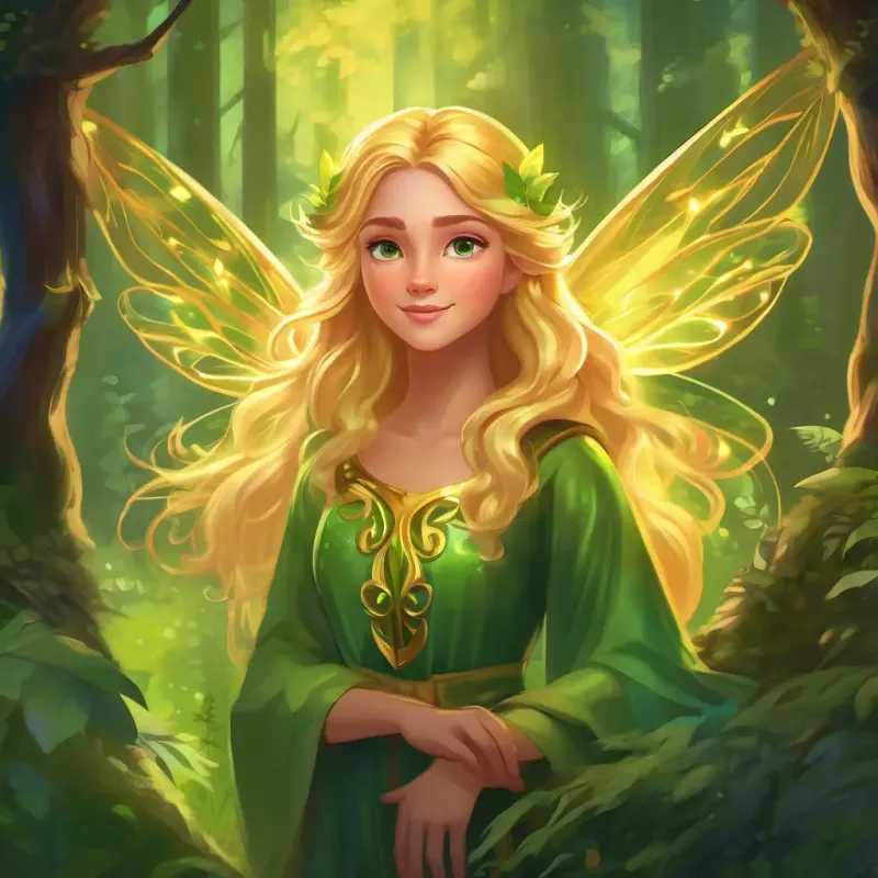 A friendly fairy with shimmering wings, golden hair, and bright green eyes realizing a problem in the magical forest and summoning her friends for help.