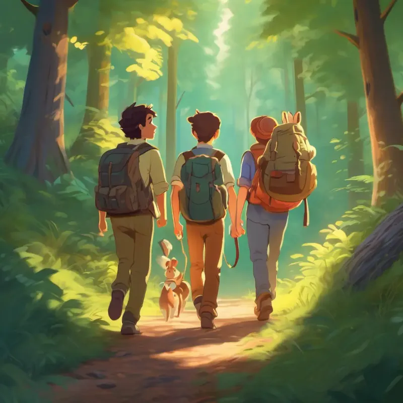 The trio of friends setting out on an adventure through the forest.