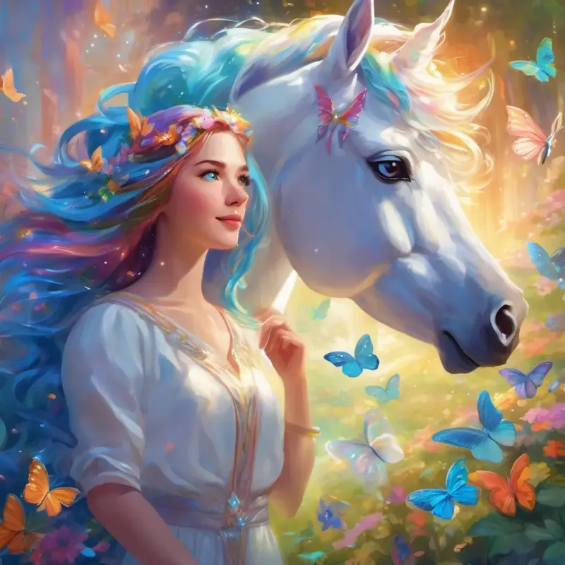 Encounter with the playful butterflies and meeting the magical guardian, A kind unicorn with a sparkling white coat, a flowing rainbow mane, and deep, mesmerizing blue eyes the unicorn.