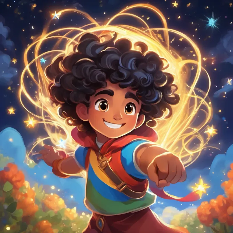 Tricky god with a smiling face and a magic wand challenges Curly dark hair, eyes sparkled like stars, bravest heart in a playful race with the wind.