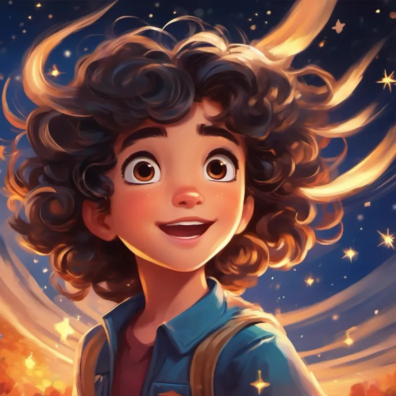 A playful chase with Curly dark hair, eyes sparkled like stars, bravest heart racing against the wind, feeling swift.