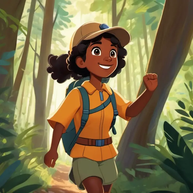 Young girl, exuberant, brown skin, dark eyes, wearing explorer gear entering the forest, parents waving, start of adventure.