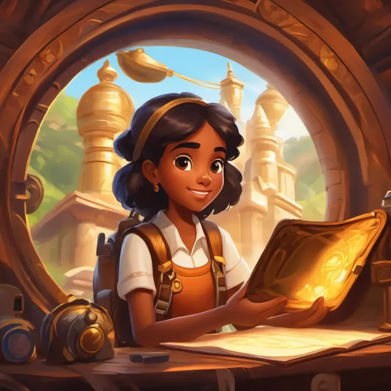 Young girl, exuberant, brown skin, dark eyes, wearing explorer gear reading the inscription on the treasure mirror, feeling proud.