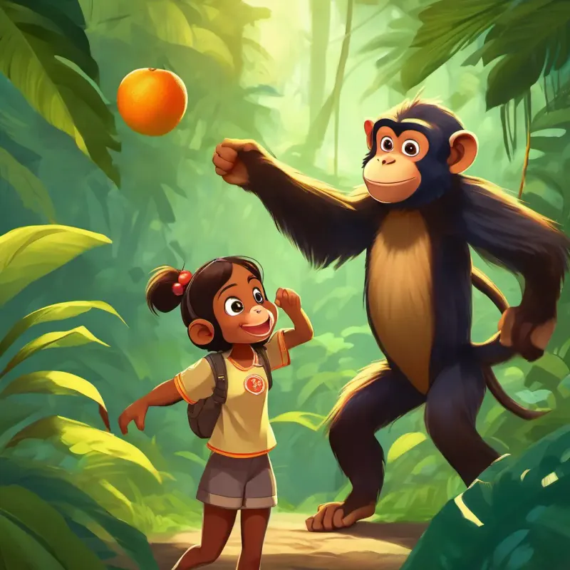 Monkey greeting Young girl, exuberant, brown skin, dark eyes, wearing explorer gear, offering fruit, in the dense jungle.