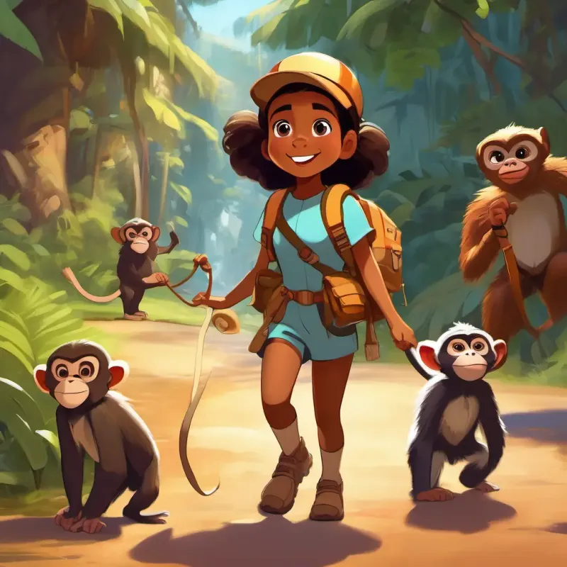 Young girl, exuberant, brown skin, dark eyes, wearing explorer gear sharing food with monkey, monkey leading the way.