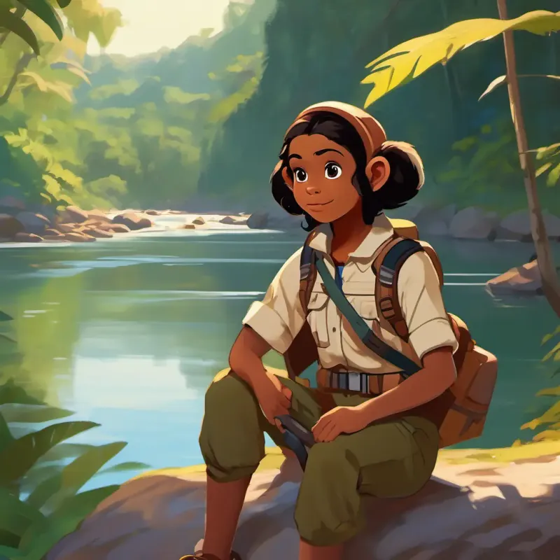 Young girl, exuberant, brown skin, dark eyes, wearing explorer gear and monkey by a river, contemplating how to cross.