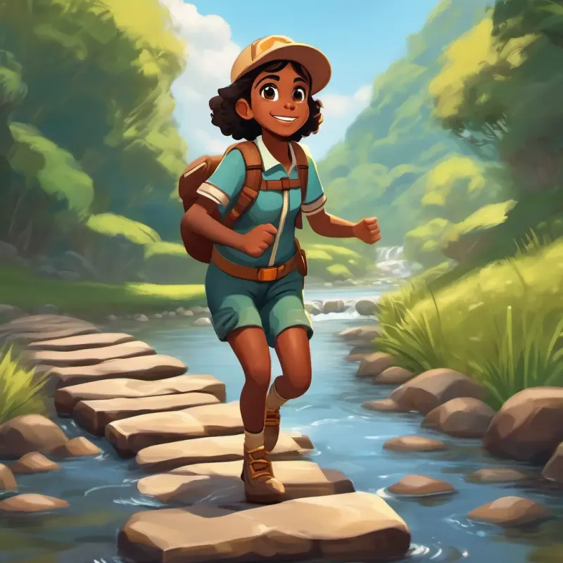 Young girl, exuberant, brown skin, dark eyes, wearing explorer gear crossing river using stepping stones, monkey guiding.