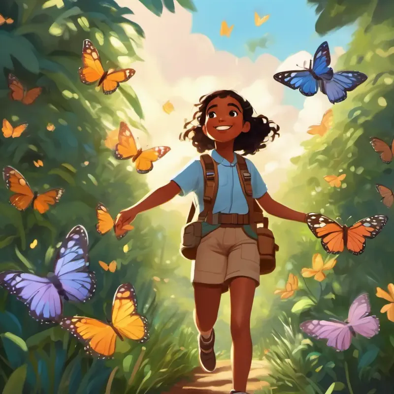 Butterfly clearing, Young girl, exuberant, brown skin, dark eyes, wearing explorer gear delighted, marveling at nature.