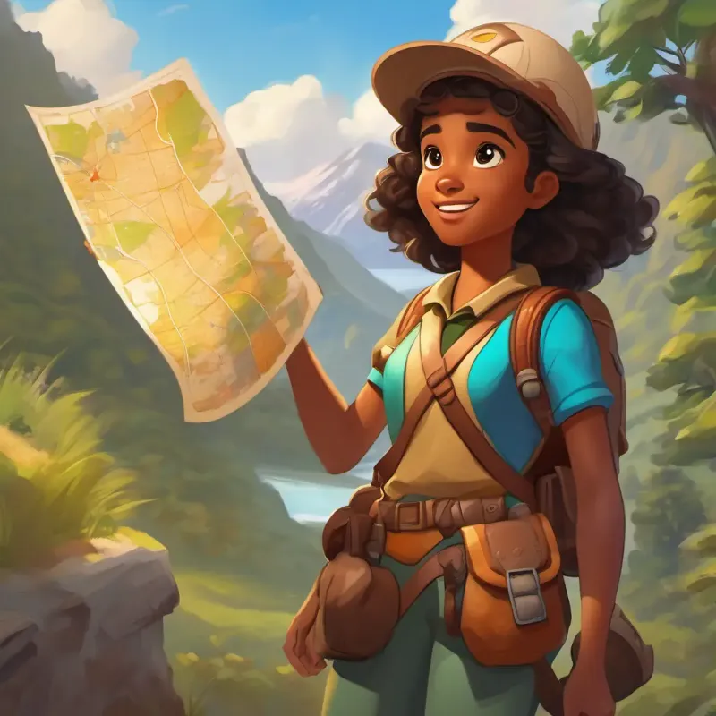 Young girl, exuberant, brown skin, dark eyes, wearing explorer gear consulting map, ready to continue her quest.