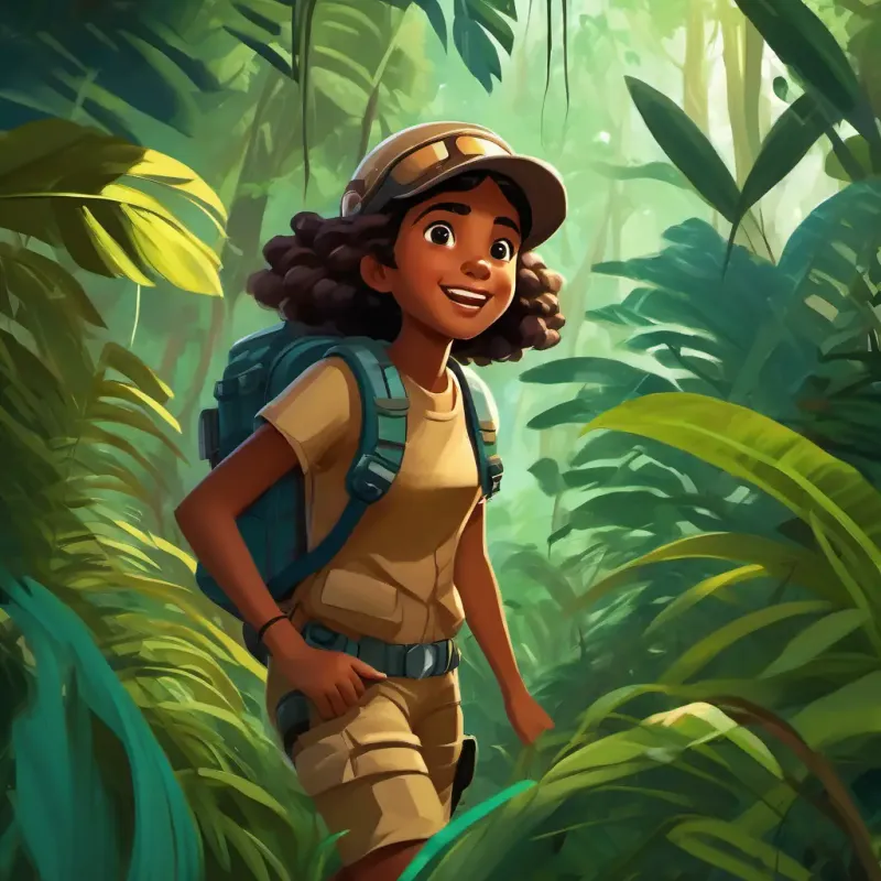 Deep jungle scene, Young girl, exuberant, brown skin, dark eyes, wearing explorer gear amidst dense flora and fauna.