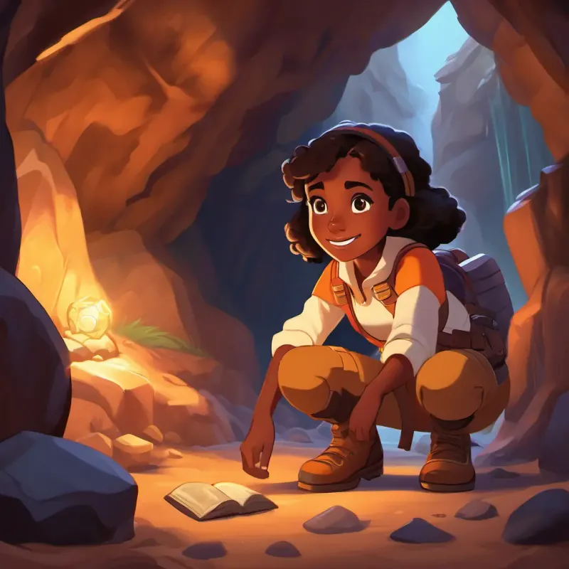 Young girl, exuberant, brown skin, dark eyes, wearing explorer gear discovering treasure inside a cave, eyes wide with awe.
