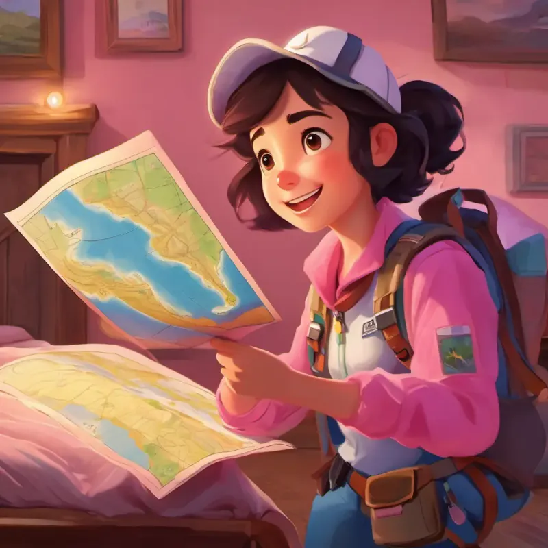 Young girl, exuberant, pink skin, dark eyes, wearing explorer gear in bedroom, excited, holding a map, dressed as an explorer.