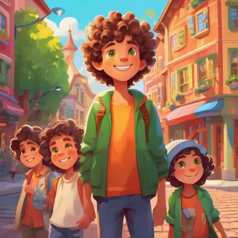 Introducing Curly-haired boy with observant green eyes and a bright smile and his family in the colorful town of Colorville.