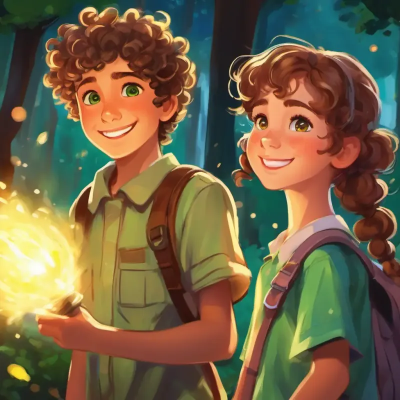 Curly-haired boy with observant green eyes and a bright smile and Energetic girl with freckles, brown eyes, and pigtails begin an activity together.