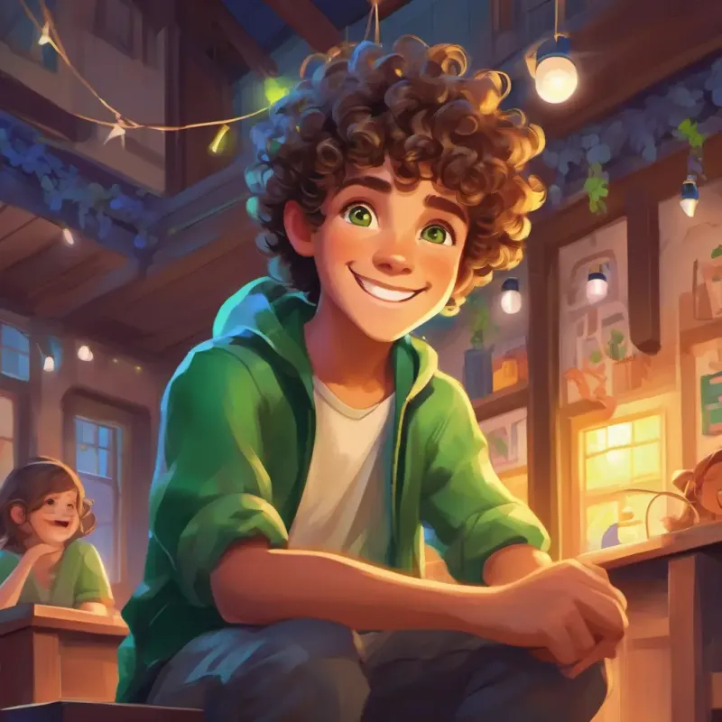 Curly-haired boy with observant green eyes and a bright smile shares a valuable lesson about community with his friends.