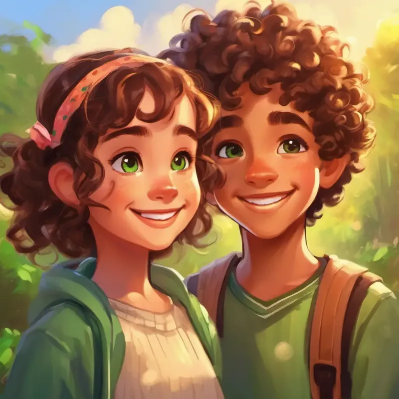 Curly-haired boy with observant green eyes and a bright smile teaches the beauty of diversity to Energetic girl with freckles, brown eyes, and pigtails.