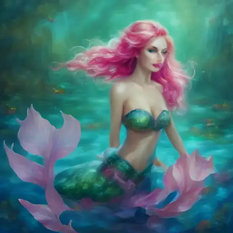 Introducing Young mermaid with emerald tail, blue eyes, and pink coral-like hair, a mermaid, in the sparkling Lake Sapphire.