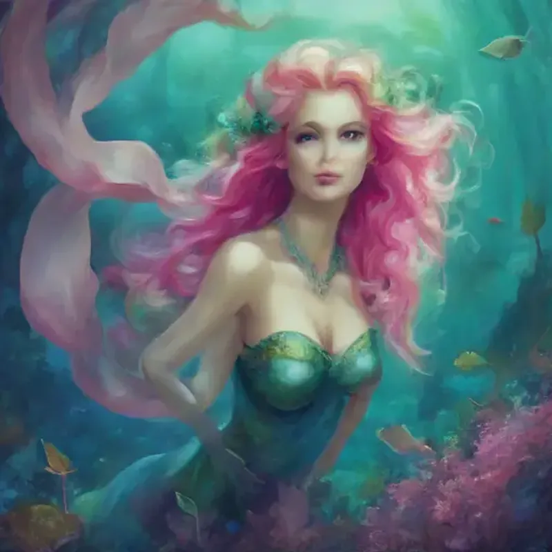 Young mermaid with emerald tail, blue eyes, and pink coral-like hair enjoys exploring the reef near her underwater home.