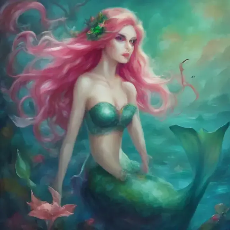 Young mermaid with emerald tail, blue eyes, and pink coral-like hair discovers the 'monster' is just friendly, misunderstood creatures.