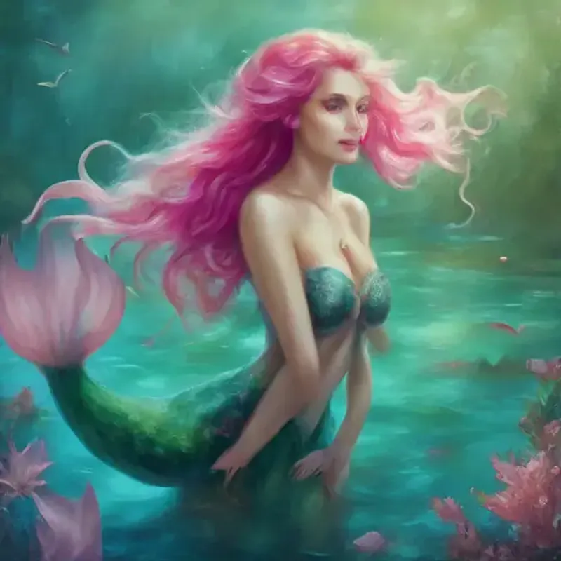 Young mermaid with emerald tail, blue eyes, and pink coral-like hair returns home a hero, the lake proven safe.