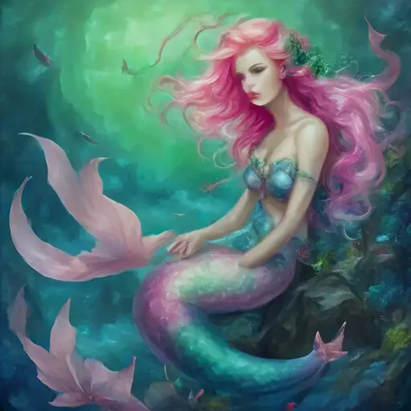 Young mermaid with emerald tail, blue eyes, and pink coral-like hair learns of a monster from her worried parents.