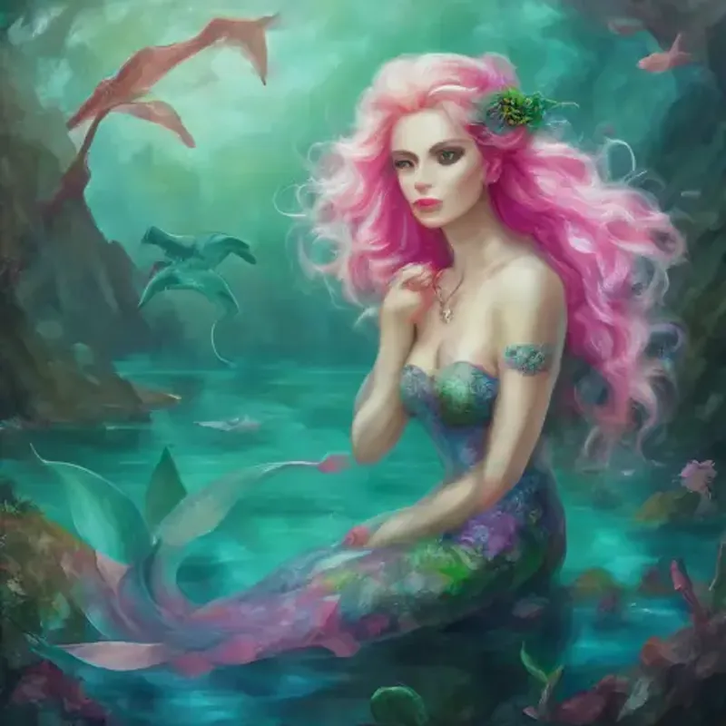 Young mermaid with emerald tail, blue eyes, and pink coral-like hair is determined to discover the truth about the lake monster.