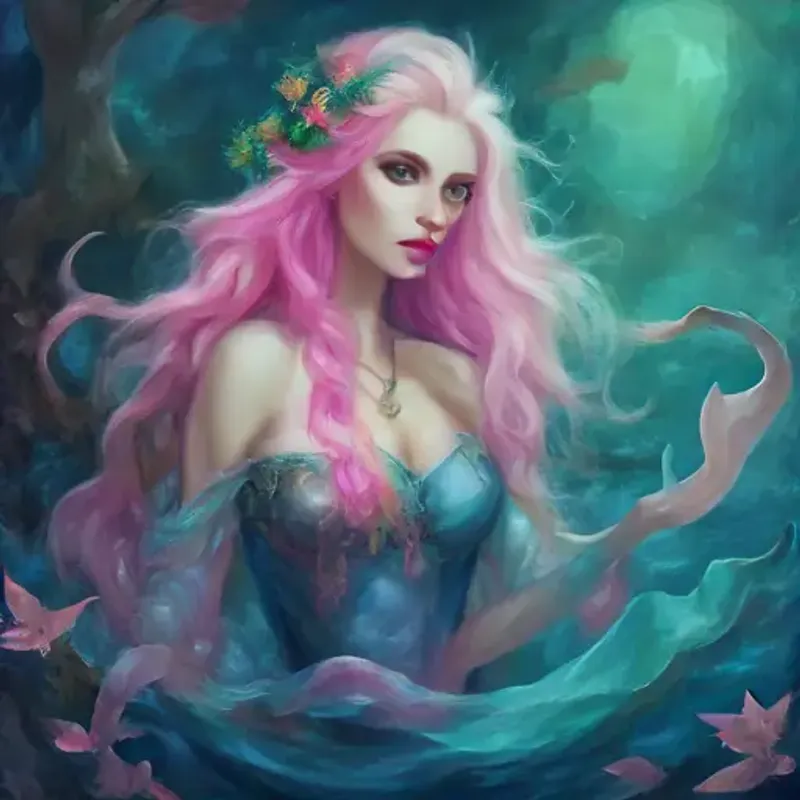 Young mermaid with emerald tail, blue eyes, and pink coral-like hair seeks wisdom from Ancient wizard with flowing white beard, navy robes, and piercing blue eyes, a wizard living in a sunken ship.