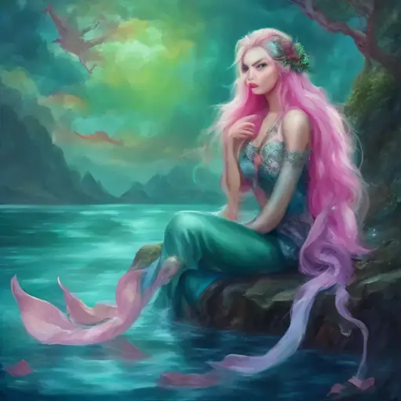 Young mermaid with emerald tail, blue eyes, and pink coral-like hair asks Ancient wizard with flowing white beard, navy robes, and piercing blue eyes for help to prove the lake's safety.
