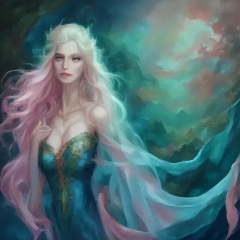 Ancient wizard with flowing white beard, navy robes, and piercing blue eyes gives Young mermaid with emerald tail, blue eyes, and pink coral-like hair a magical net for her quest.