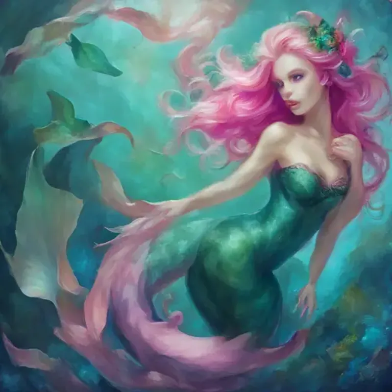 Young mermaid with emerald tail, blue eyes, and pink coral-like hair is equipped to either catch the monster or dispel the rumors.