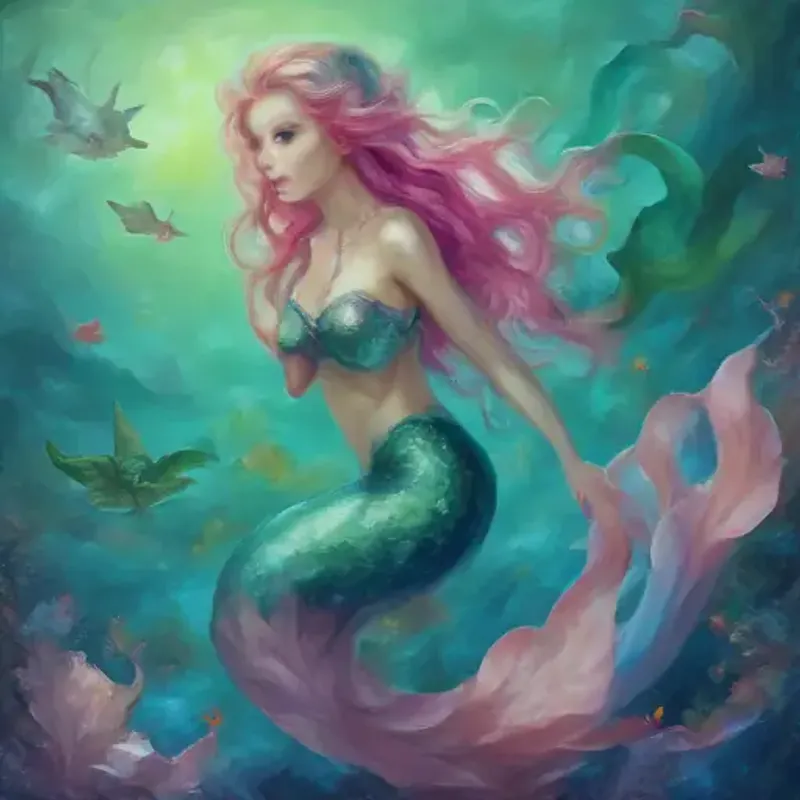 Young mermaid with emerald tail, blue eyes, and pink coral-like hair's parents decide to follow their daughter to keep her safe.