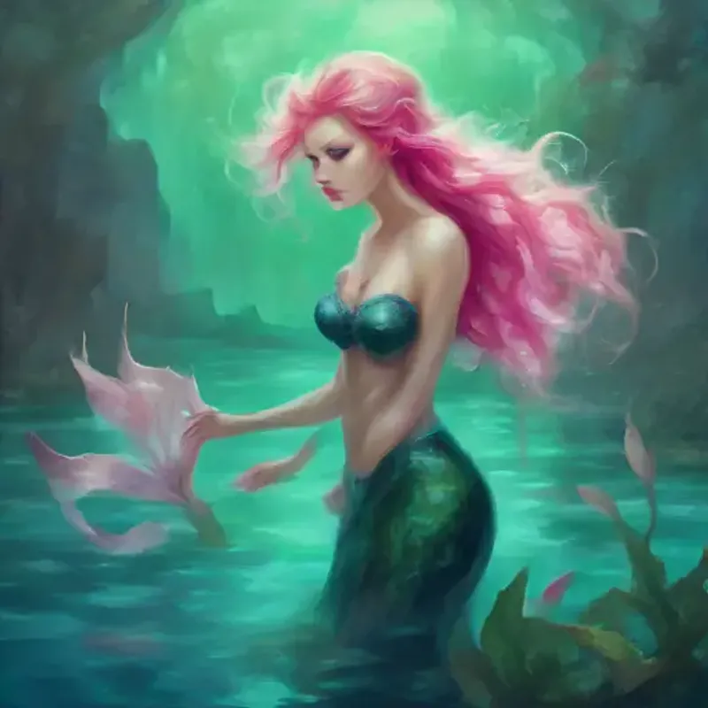 Young mermaid with emerald tail, blue eyes, and pink coral-like hair bravely confronts a mysterious shadow in the lake.