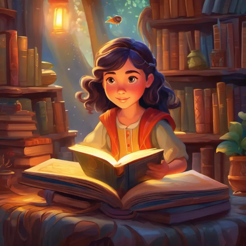Brave young girl with bright, curious eyes, loves adventures discovers a magical book that reveals her destiny