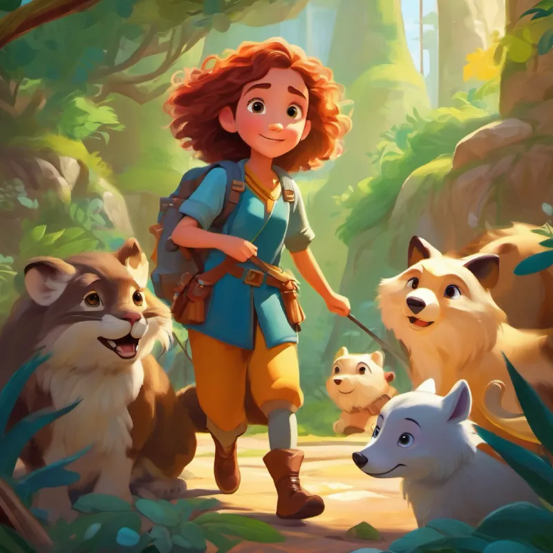 Brave young girl with bright, curious eyes, loves adventures teams up with her animal friends to start her quest