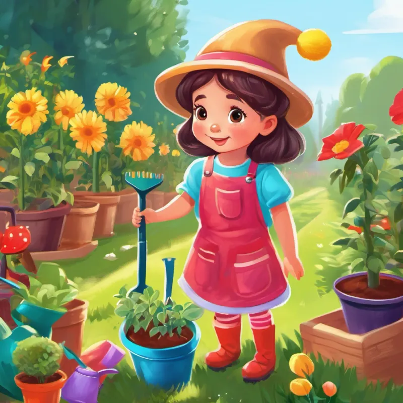 Maya in garden, planting seed, sunny day