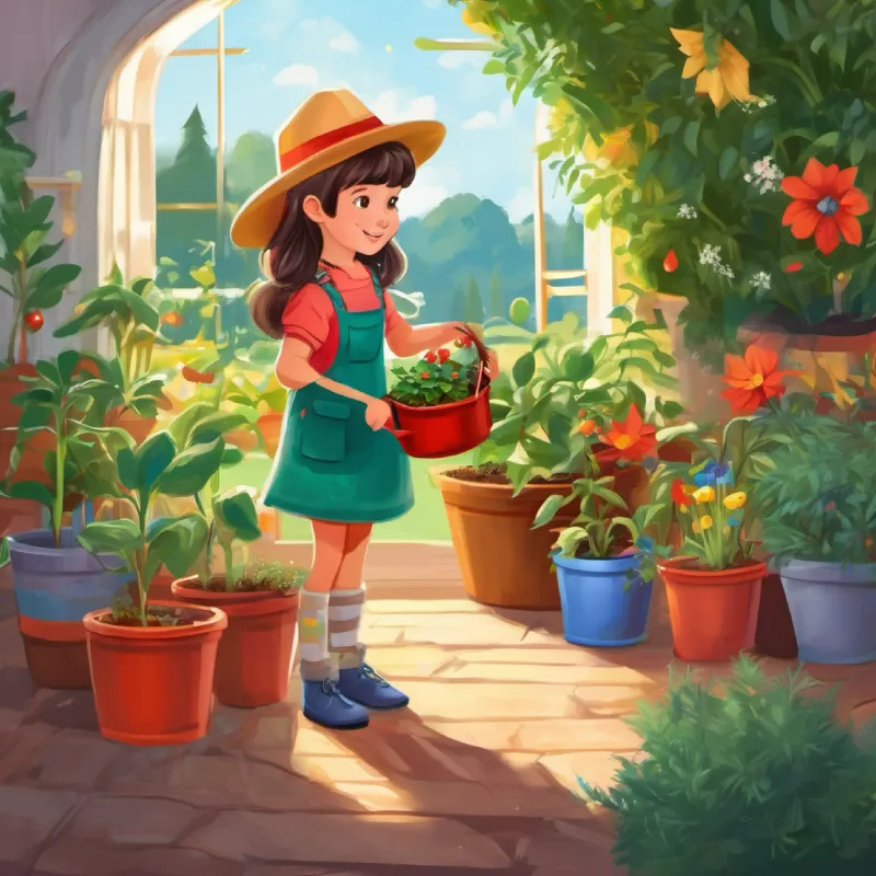 Maya caring for plant, sun and watering can