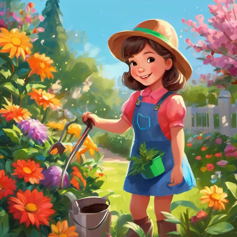 Flowers blooming, Maya smiling, sunny day