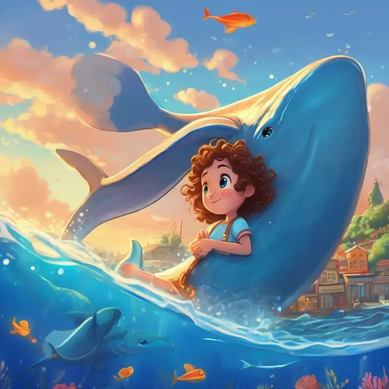 Max has curly brown hair and bright blue eyes meets A big blue whale with a kind twinkle in her eye the whale in a sunny seaside town.