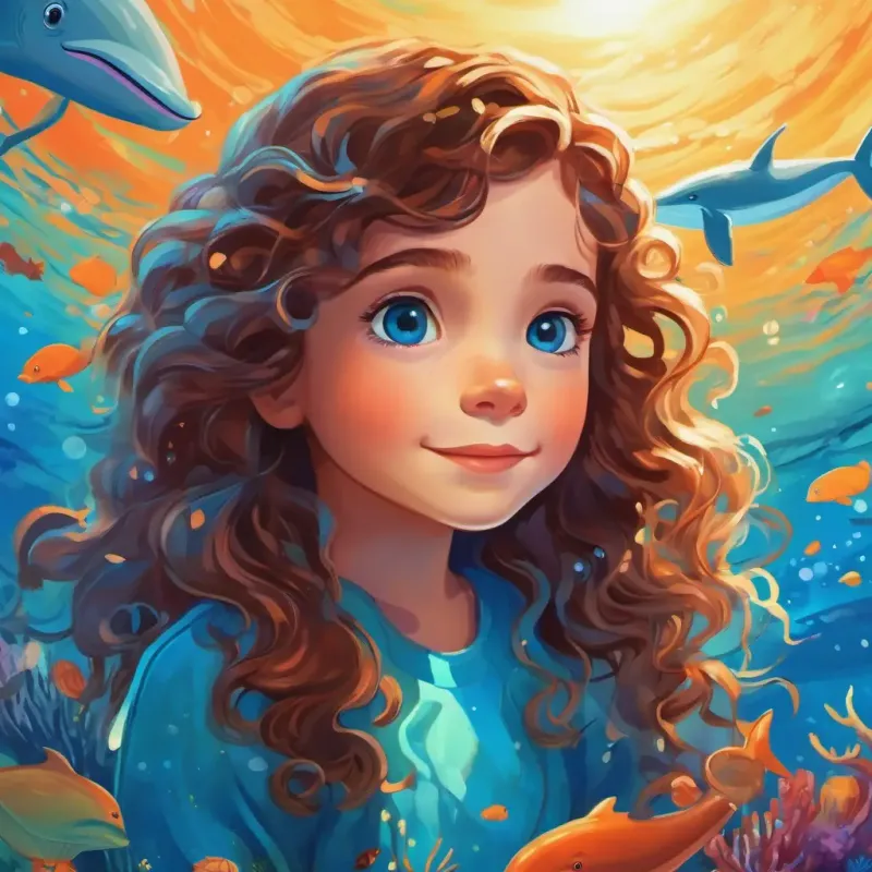 Max has curly brown hair and bright blue eyes and A big blue whale with a kind twinkle in her eye discover a vibrant underwater world with marine life and shipwrecks.
