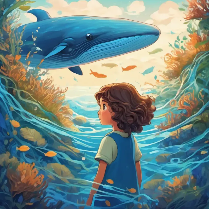 Max has curly brown hair and bright blue eyes and A big blue whale with a kind twinkle in her eye navigate through a maze of seaweed.