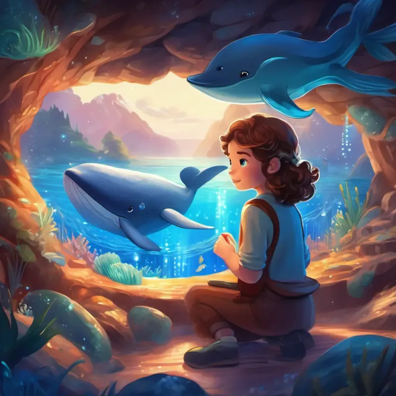 Max has curly brown hair and bright blue eyes and A big blue whale with a kind twinkle in her eye discover a dazzling cave with glowing crystals.