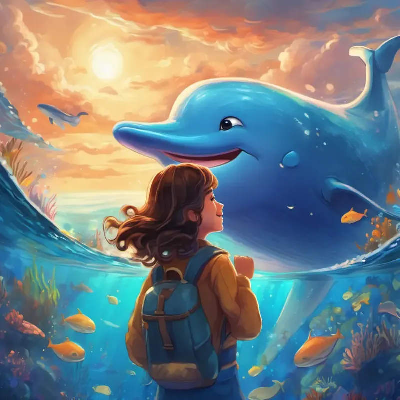 Max has curly brown hair and bright blue eyes and A big blue whale with a kind twinkle in her eye excitedly return home with treasured memories of their underwater escapade.